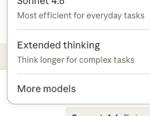 the model selector dropdown — Sonnet 4.6, Extended thinking, and a "More models" option
